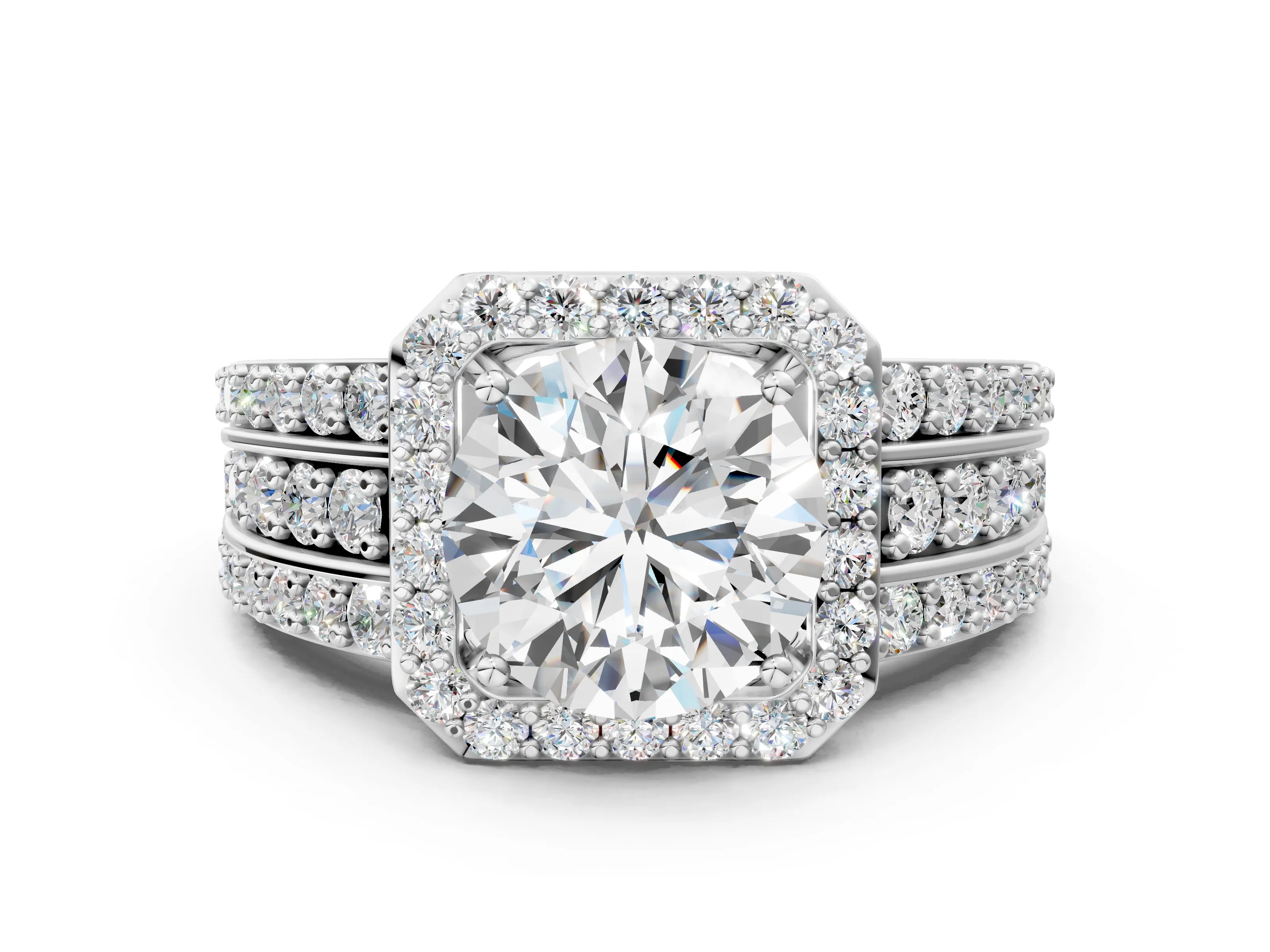 White gold Round Cut Halo Diamond Ring with Round with Moissanite side stone Split Shank and Prong Setting_162