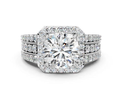 White gold Round Cut Halo Diamond Ring with Round with Moissanite side stone Split Shank and Prong Setting_162