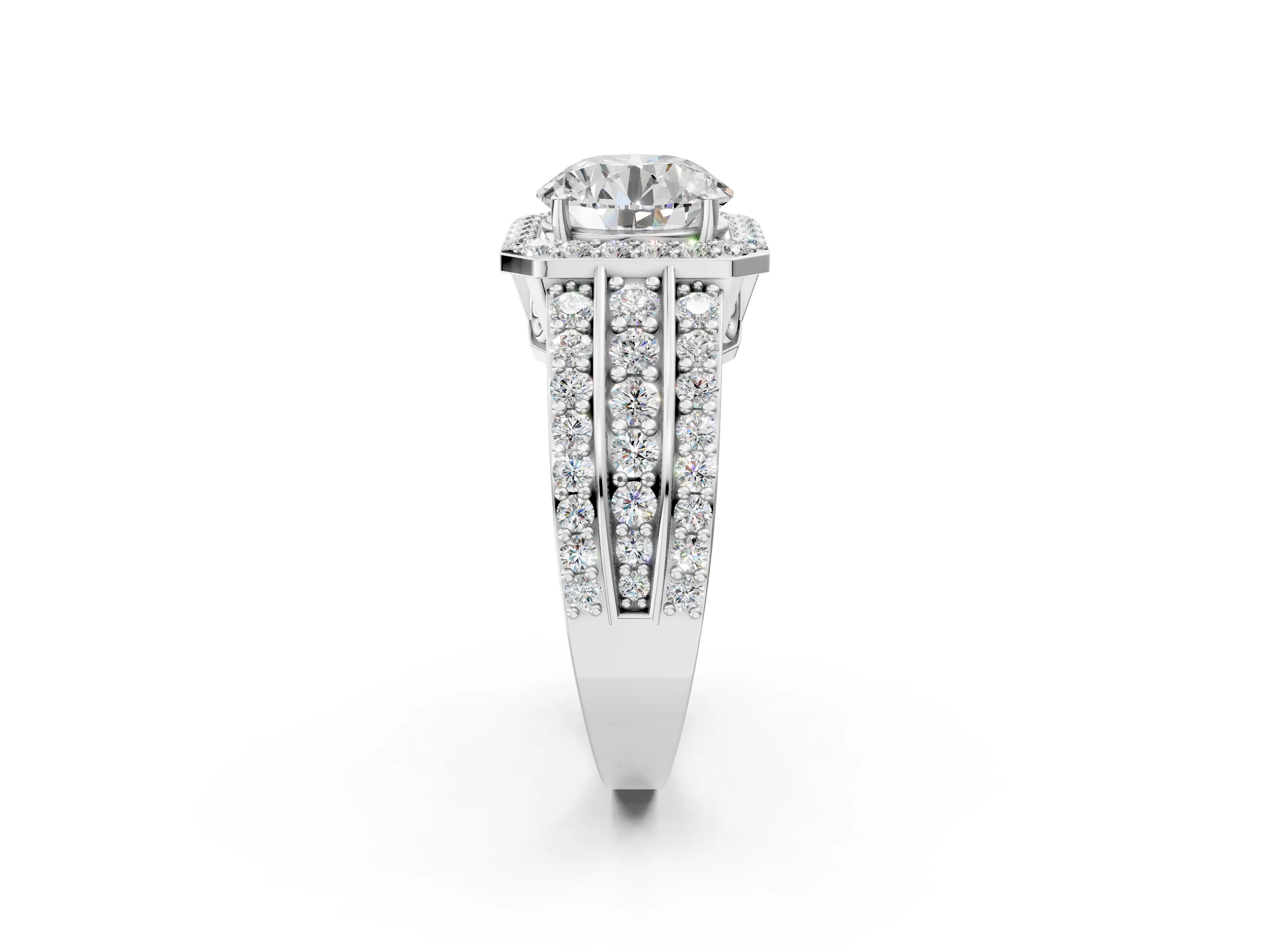 White gold Round Cut Halo Diamond Ring with Round with Moissanite side stone Split Shank and Prong Setting_164