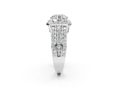 White gold Round Cut Halo Diamond Ring with Round with Moissanite side stone Split Shank and Prong Setting_164