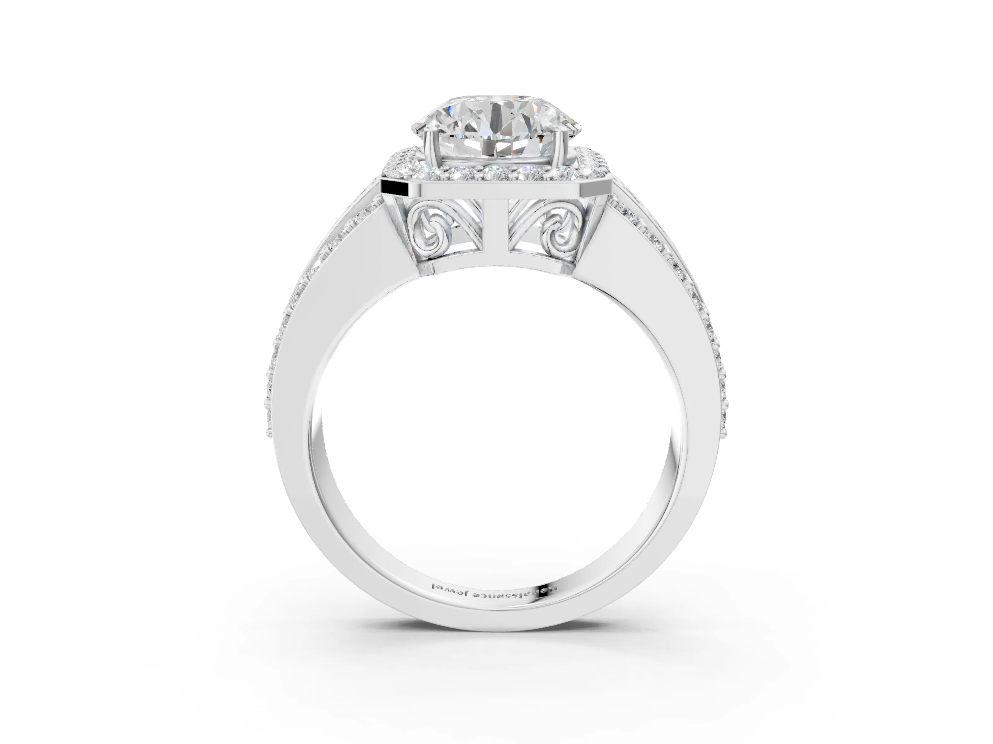 White gold Round Cut Halo Diamond Ring with Round with Moissanite side stone Split Shank and Prong Setting_165