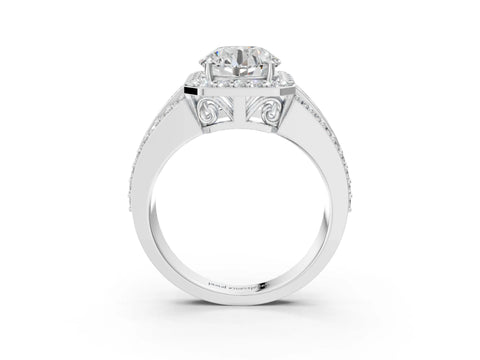 White gold Round Cut Halo Diamond Ring with Round with Moissanite side stone Split Shank and Prong Setting_165
