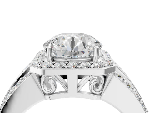 White gold Round Cut Halo Diamond Ring with Round with Moissanite side stone Split Shank and Prong Setting_166
