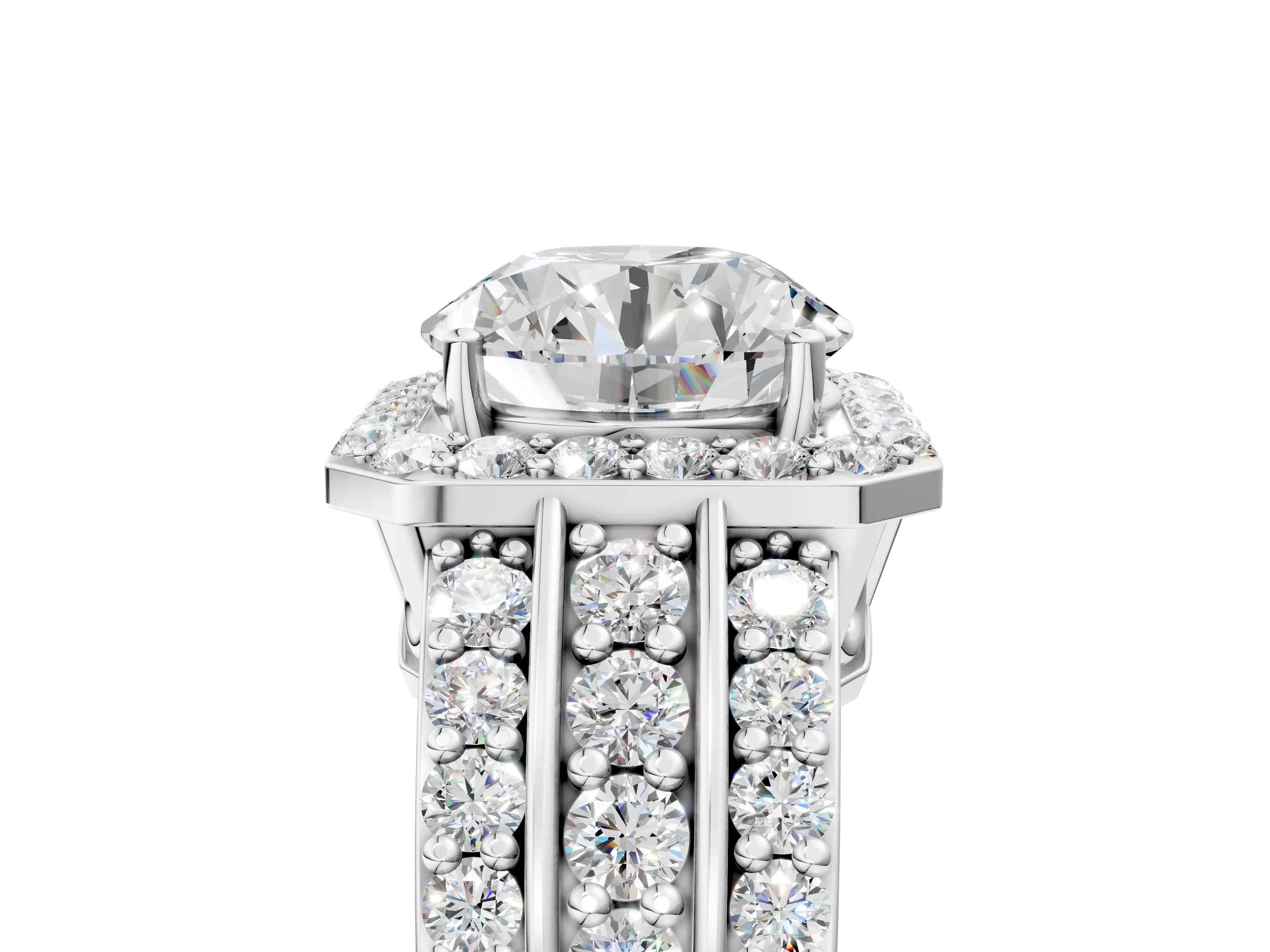 White gold Round Cut Halo Diamond Ring with Round with Moissanite side stone Split Shank and Prong Setting_167