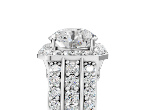 White gold Round Cut Halo Diamond Ring with Round with Moissanite side stone Split Shank and Prong Setting_167
