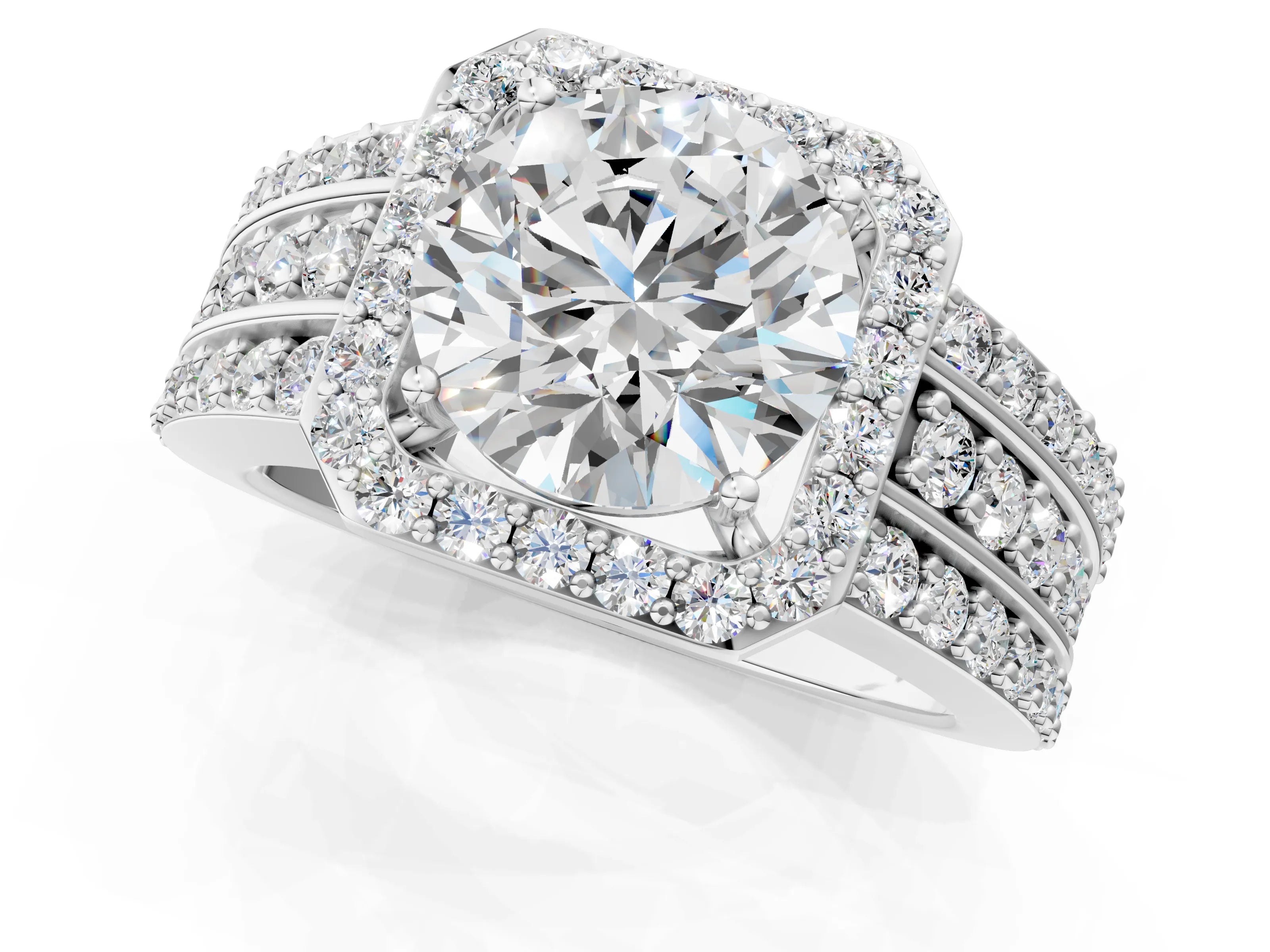 White gold Round Cut Halo Diamond Ring with Round with Moissanite side stone Split Shank and Prong Setting_1