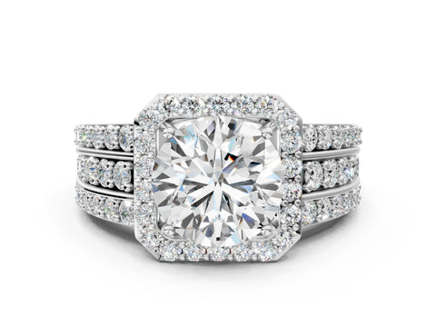 White gold Round Cut Halo Diamond Ring with Round with Moissanite side stone Split Shank and Prong Setting_24