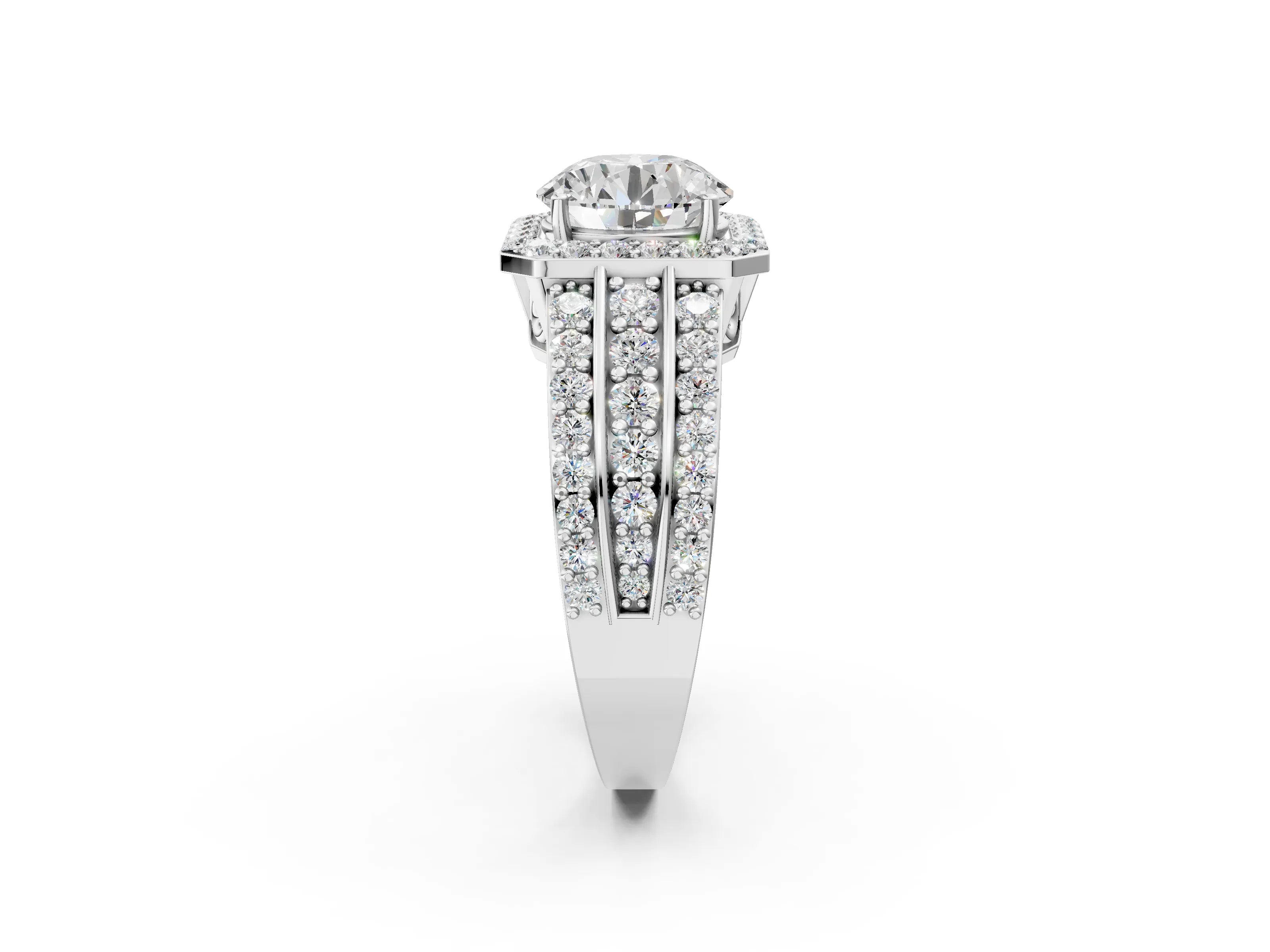 White gold Round Cut Halo Diamond Ring with Round with Moissanite side stone Split Shank and Prong Setting_26
