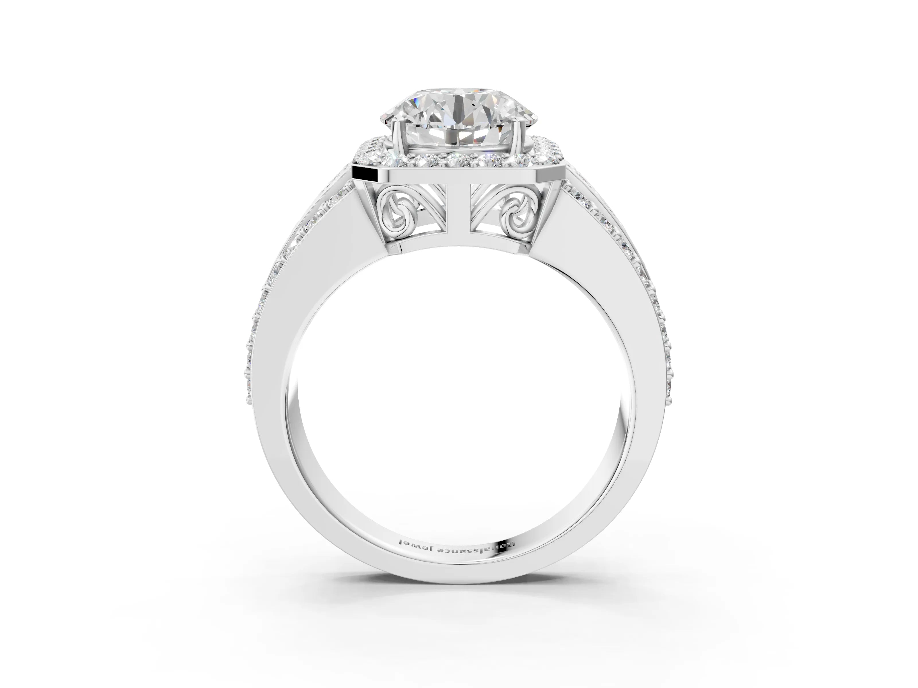White gold Round Cut Halo Diamond Ring with Round with Moissanite side stone Split Shank and Prong Setting_27