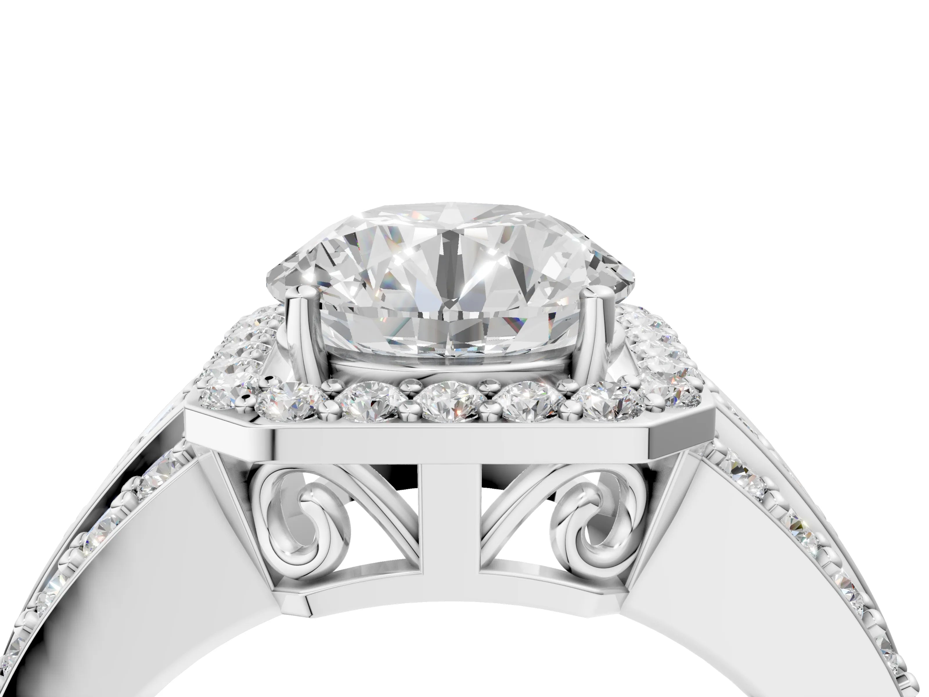 White gold Round Cut Halo Diamond Ring with Round with Moissanite side stone Split Shank and Prong Setting_28