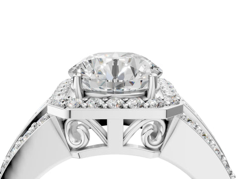 White gold Round Cut Halo Diamond Ring with Round with Moissanite side stone Split Shank and Prong Setting_28