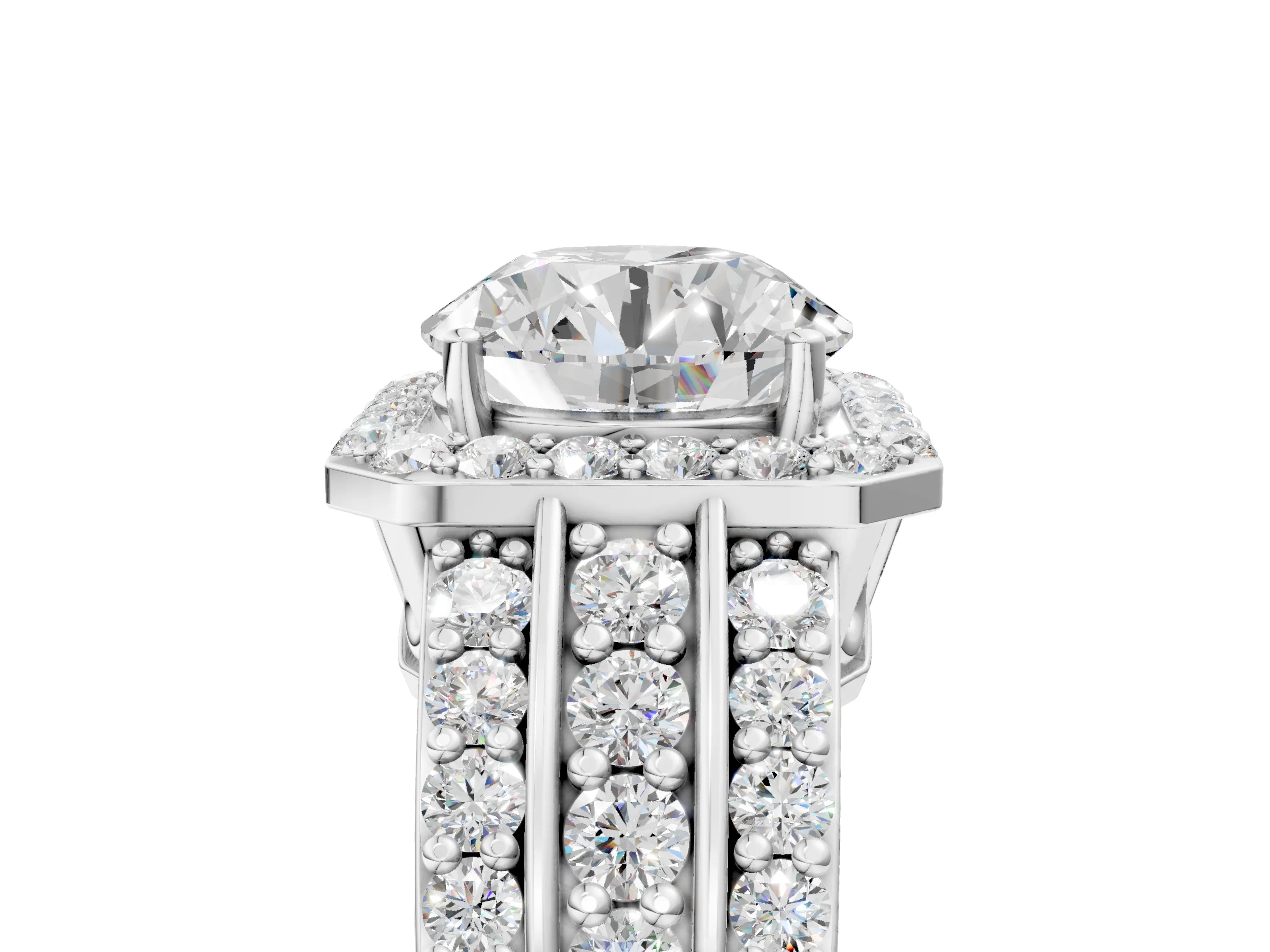 White gold Round Cut Halo Diamond Ring with Round with Moissanite side stone Split Shank and Prong Setting_29