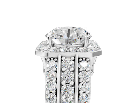 White gold Round Cut Halo Diamond Ring with Round with Moissanite side stone Split Shank and Prong Setting_29