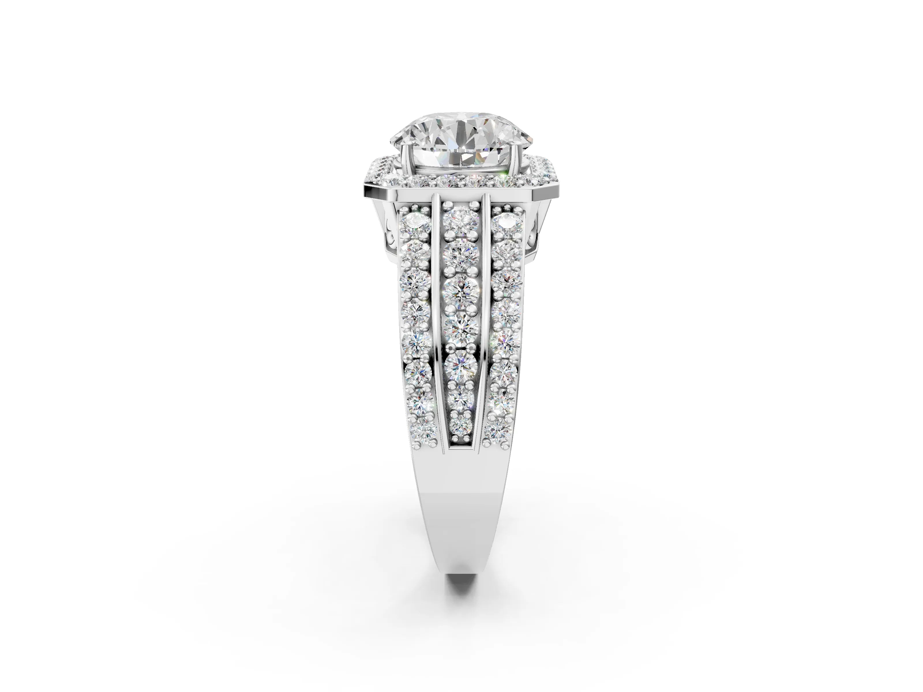 White gold Round Cut Halo Diamond Ring with Round with Moissanite side stone Split Shank and Prong Setting_2