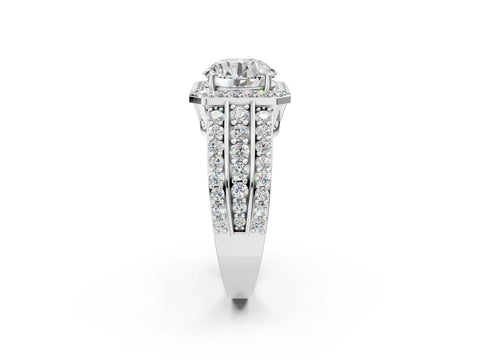 White gold Round Cut Halo Diamond Ring with Round with Moissanite side stone Split Shank and Prong Setting_2