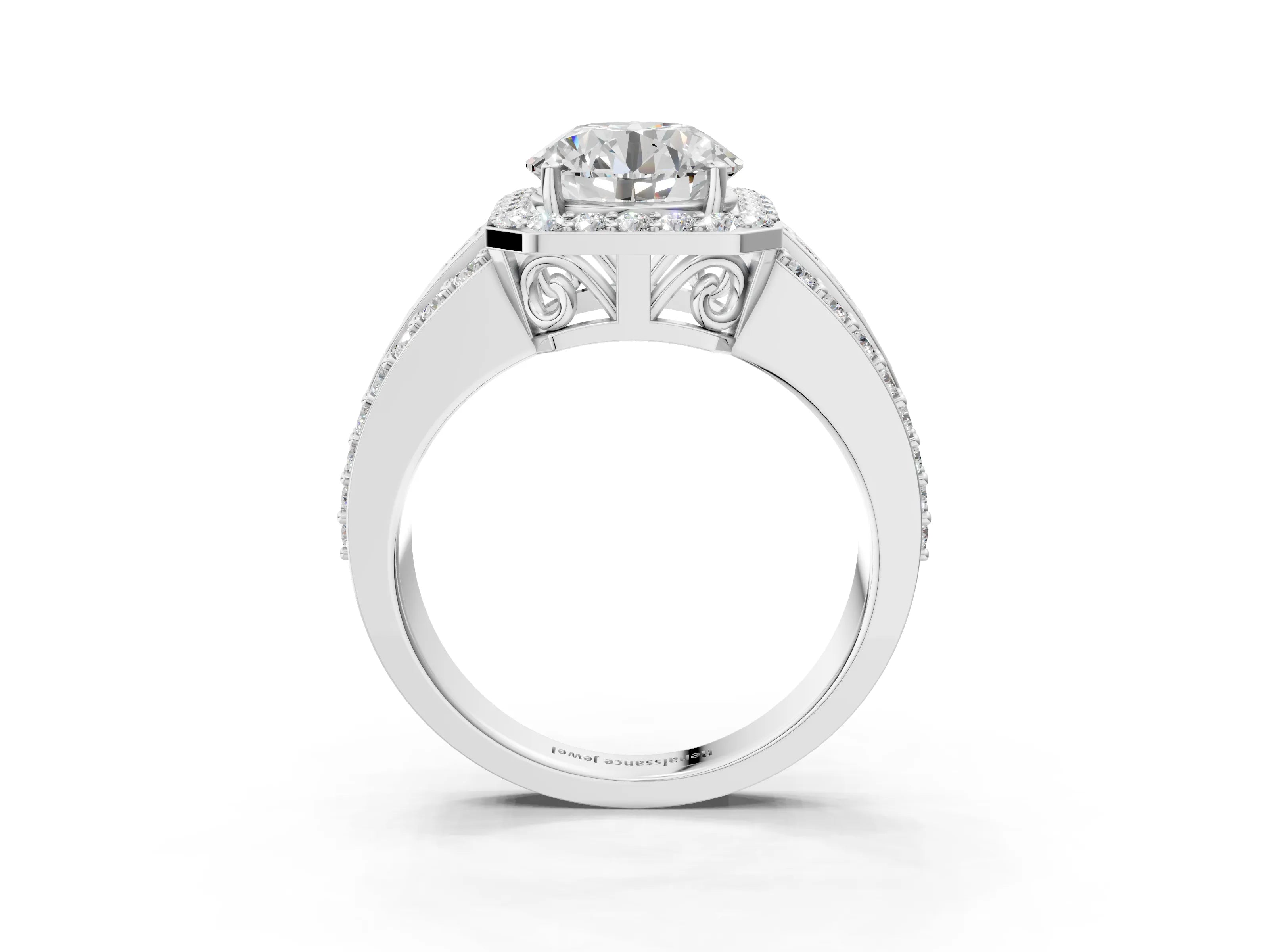 White gold Round Cut Halo Diamond Ring with Round with Moissanite side stone Split Shank and Prong Setting_3