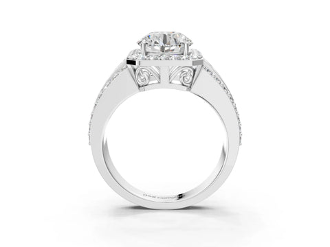 White gold Round Cut Halo Diamond Ring with Round with Moissanite side stone Split Shank and Prong Setting_3