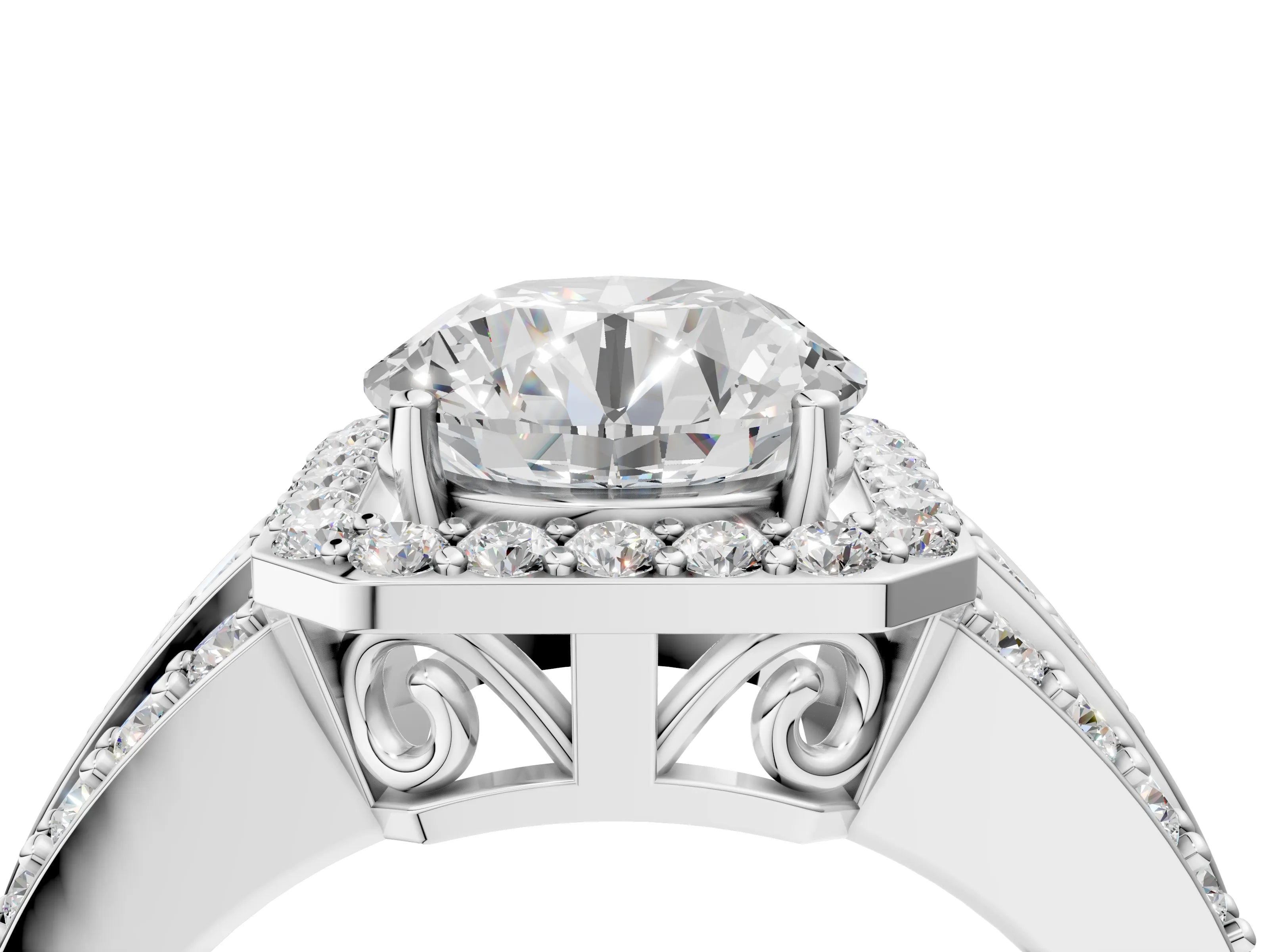 White gold Round Cut Halo Diamond Ring with Round with Moissanite side stone Split Shank and Prong Setting_4