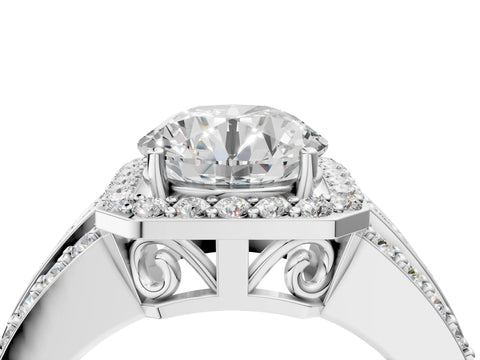 White gold Round Cut Halo Diamond Ring with Round with Moissanite side stone Split Shank and Prong Setting_4