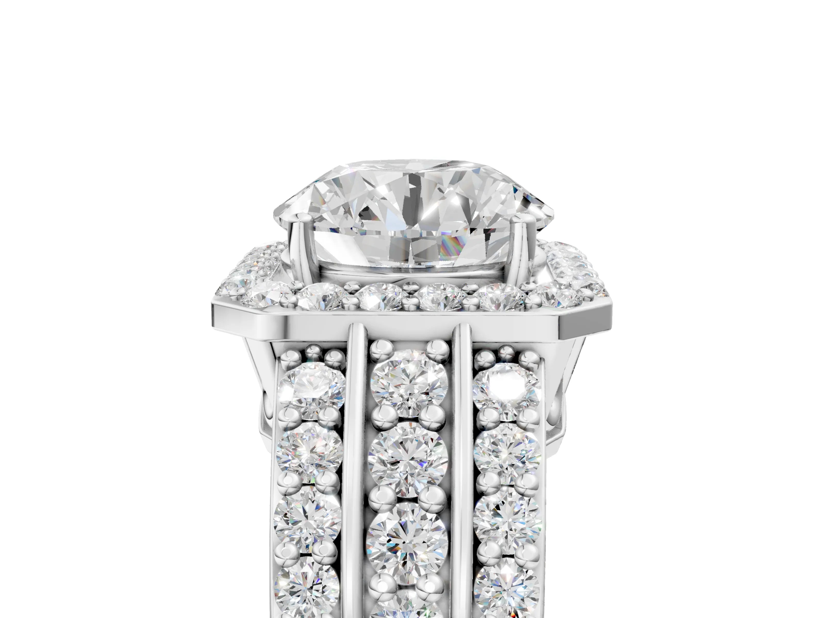 White gold Round Cut Halo Diamond Ring with Round with Moissanite side stone Split Shank and Prong Setting_5