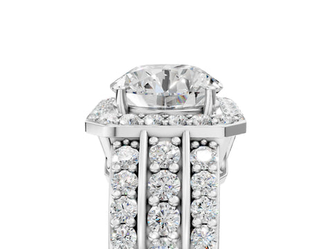 White gold Round Cut Halo Diamond Ring with Round with Moissanite side stone Split Shank and Prong Setting_5