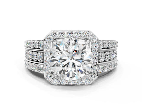 White gold Round Cut Halo Diamond Ring with Round with Moissanite side stone Split Shank and Prong Setting