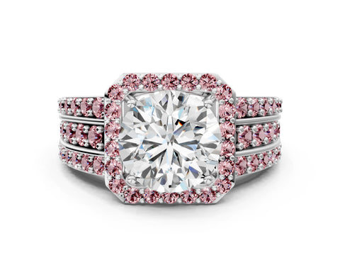 White gold Round Cut Halo Diamond Ring with Round with Morganite side stone Split Shank and Prong Setting_24