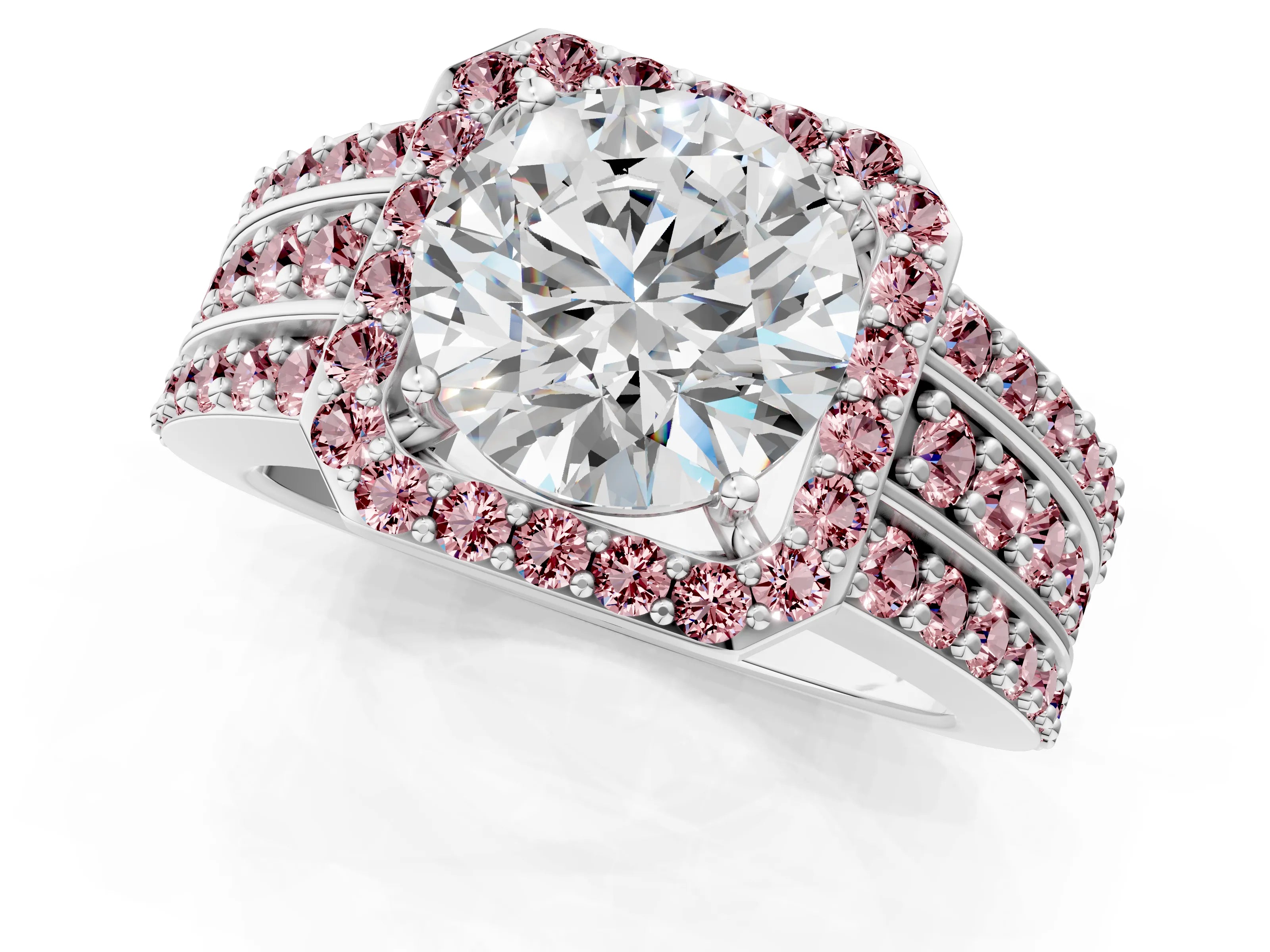 White gold Round Cut Halo Diamond Ring with Round with Morganite side stone Split Shank and Prong Setting_25