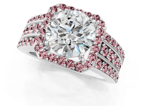 White gold Round Cut Halo Diamond Ring with Round with Morganite side stone Split Shank and Prong Setting_25