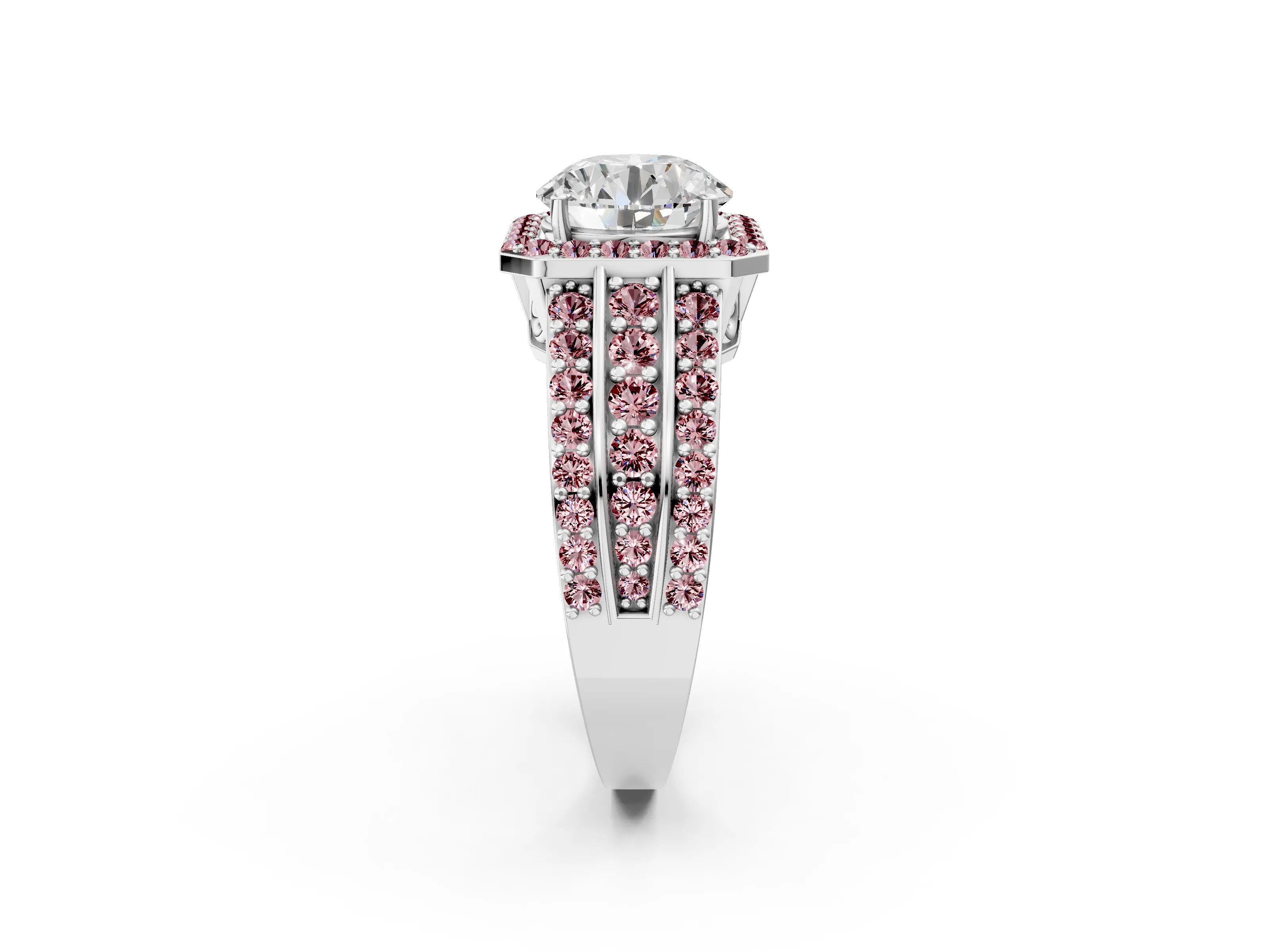 White gold Round Cut Halo Diamond Ring with Round with Morganite side stone Split Shank and Prong Setting_26