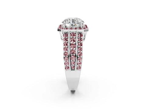 White gold Round Cut Halo Diamond Ring with Round with Morganite side stone Split Shank and Prong Setting_26