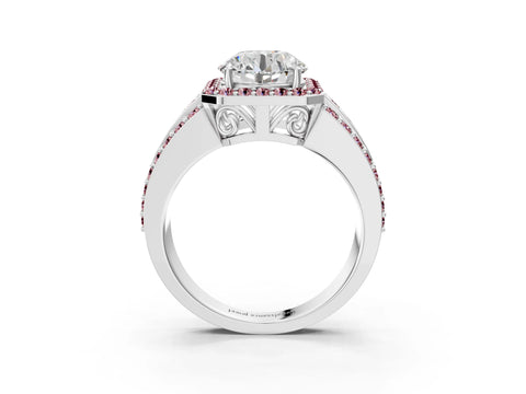 White gold Round Cut Halo Diamond Ring with Round with Morganite side stone Split Shank and Prong Setting_27