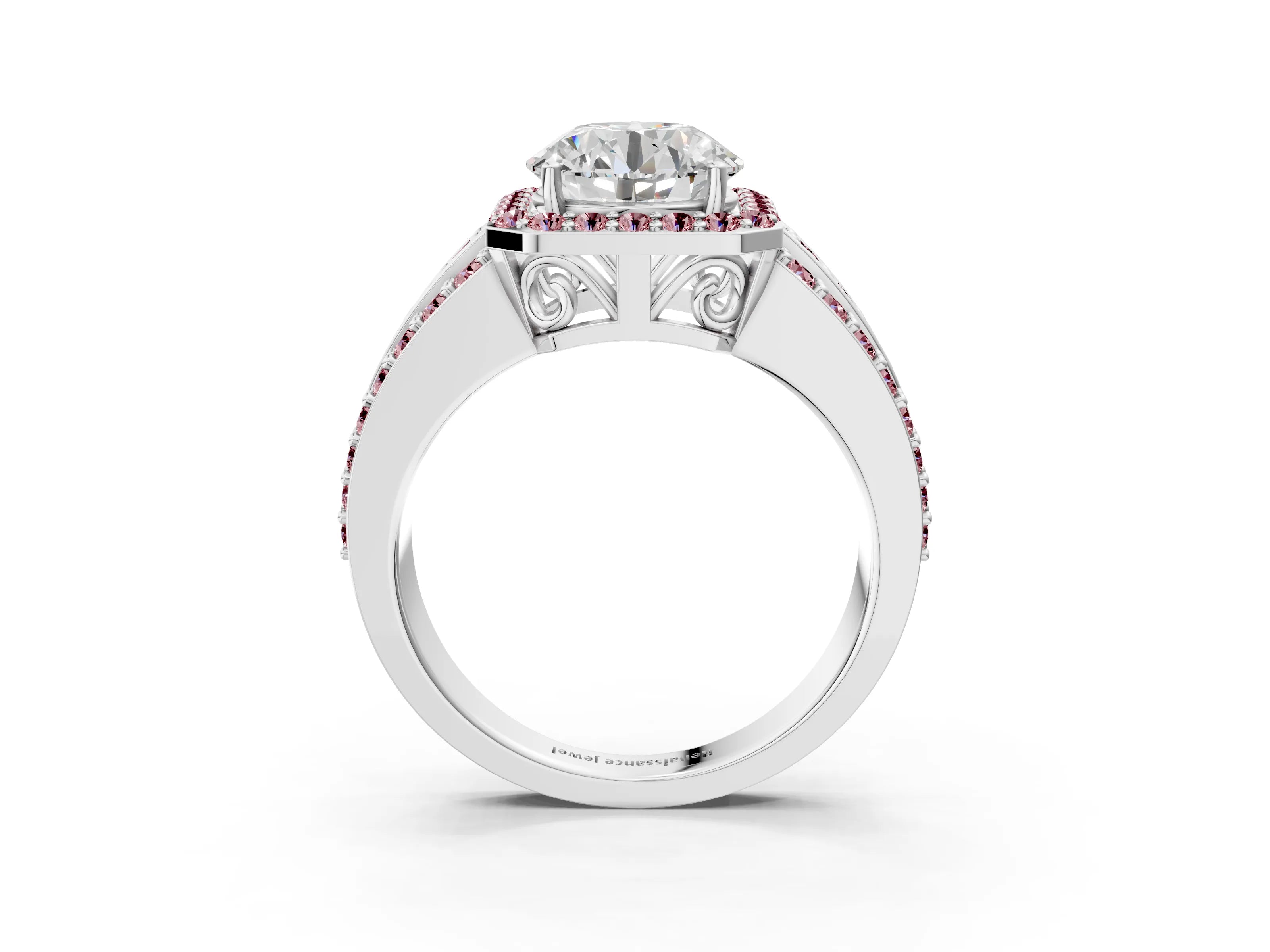 White gold Round Cut Halo Diamond Ring with Round with Morganite side stone Split Shank and Prong Setting_27