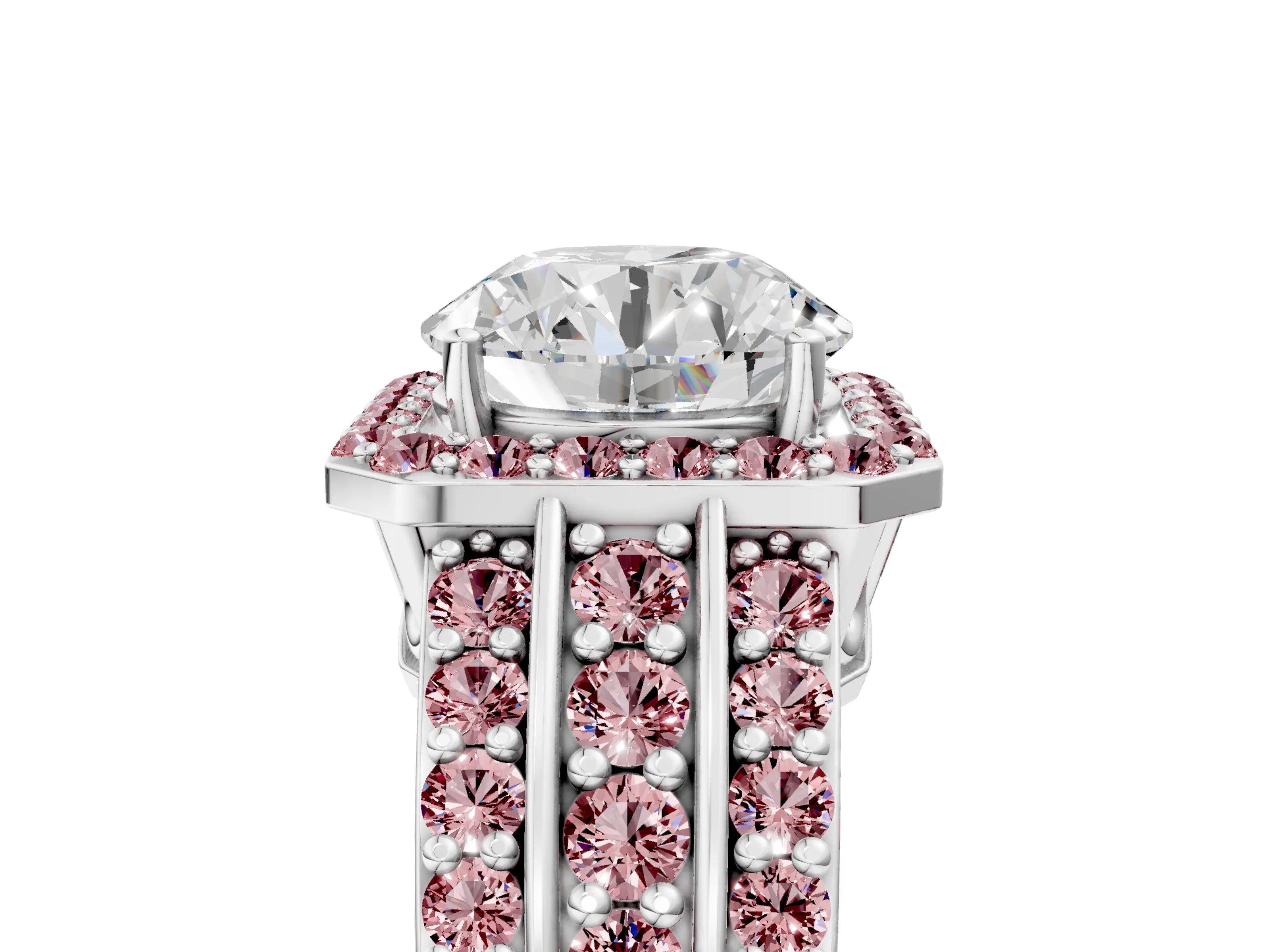 White gold Round Cut Halo Diamond Ring with Round with Morganite side stone Split Shank and Prong Setting_29