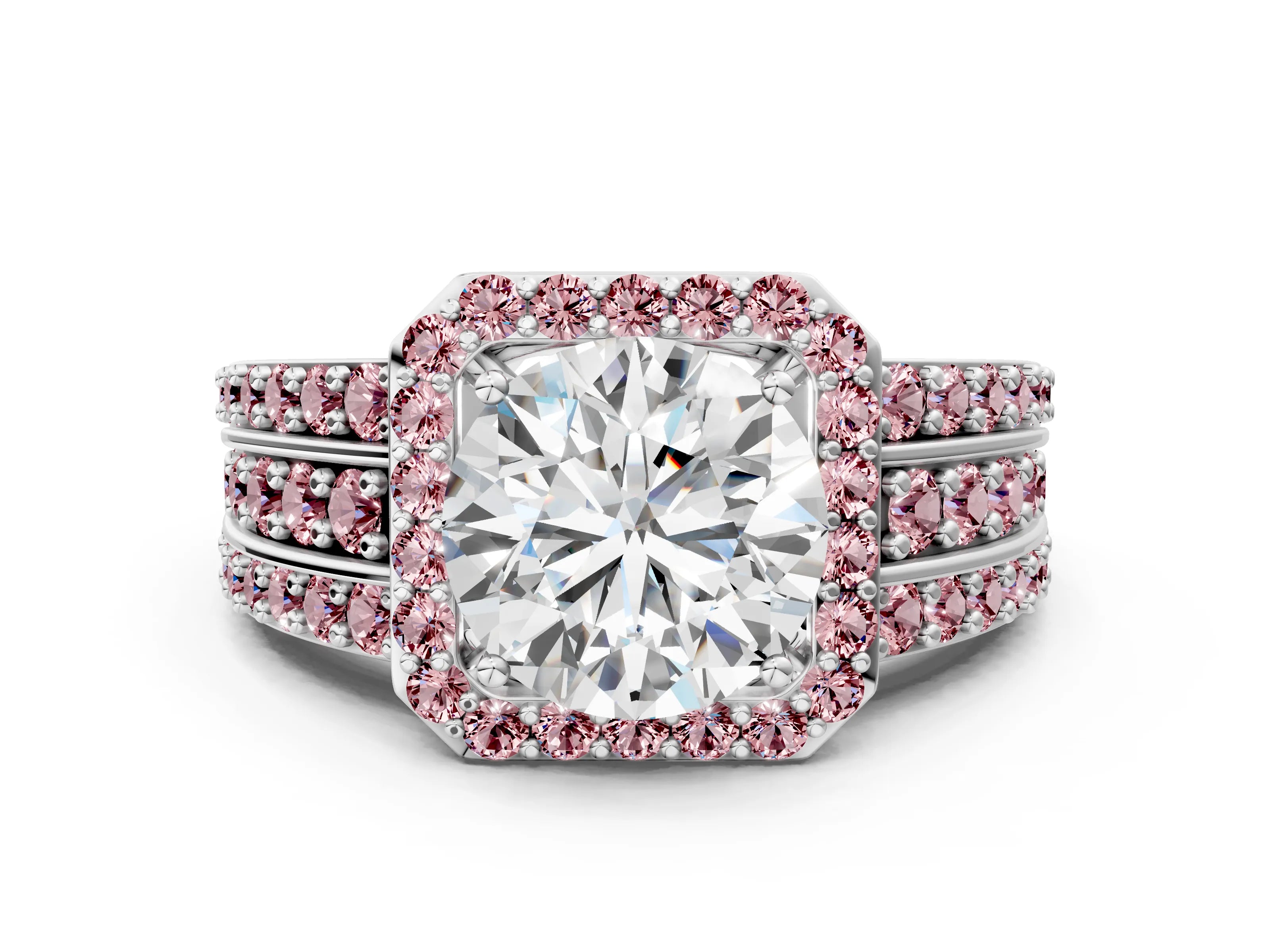 White gold Round Cut Halo Diamond Ring with Round with Morganite side stone Split Shank and Prong Setting_354