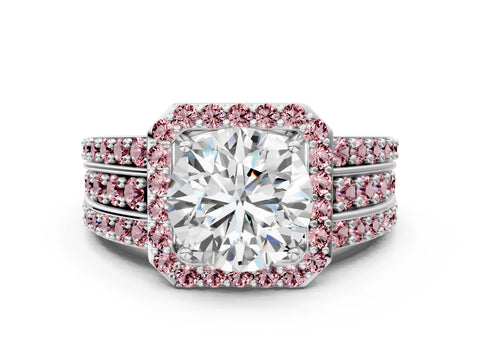 White gold Round Cut Halo Diamond Ring with Round with Morganite side stone Split Shank and Prong Setting_354