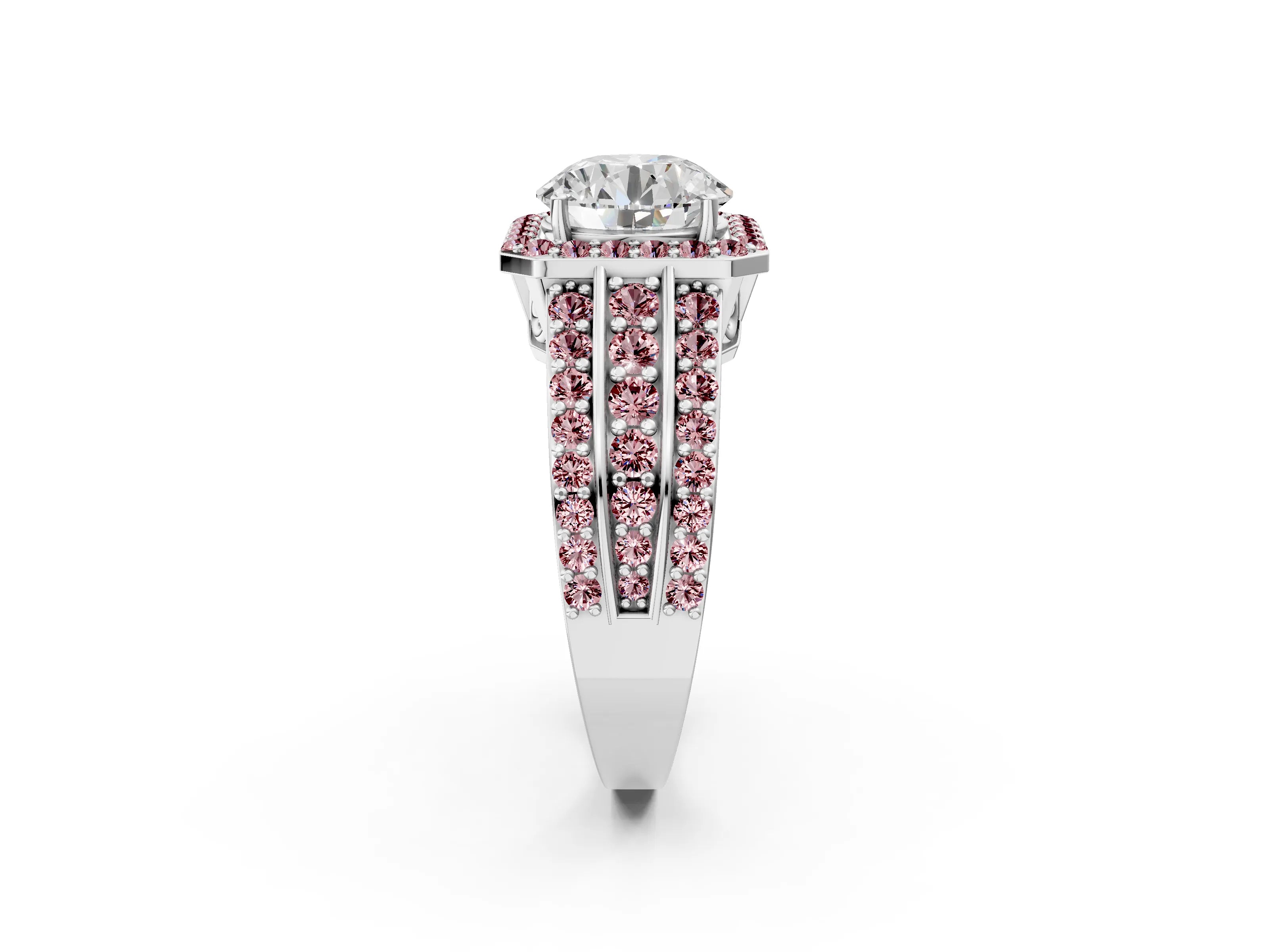 White gold Round Cut Halo Diamond Ring with Round with Morganite side stone Split Shank and Prong Setting_356
