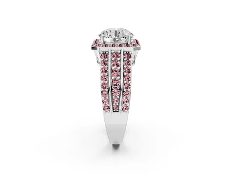 White gold Round Cut Halo Diamond Ring with Round with Morganite side stone Split Shank and Prong Setting_356