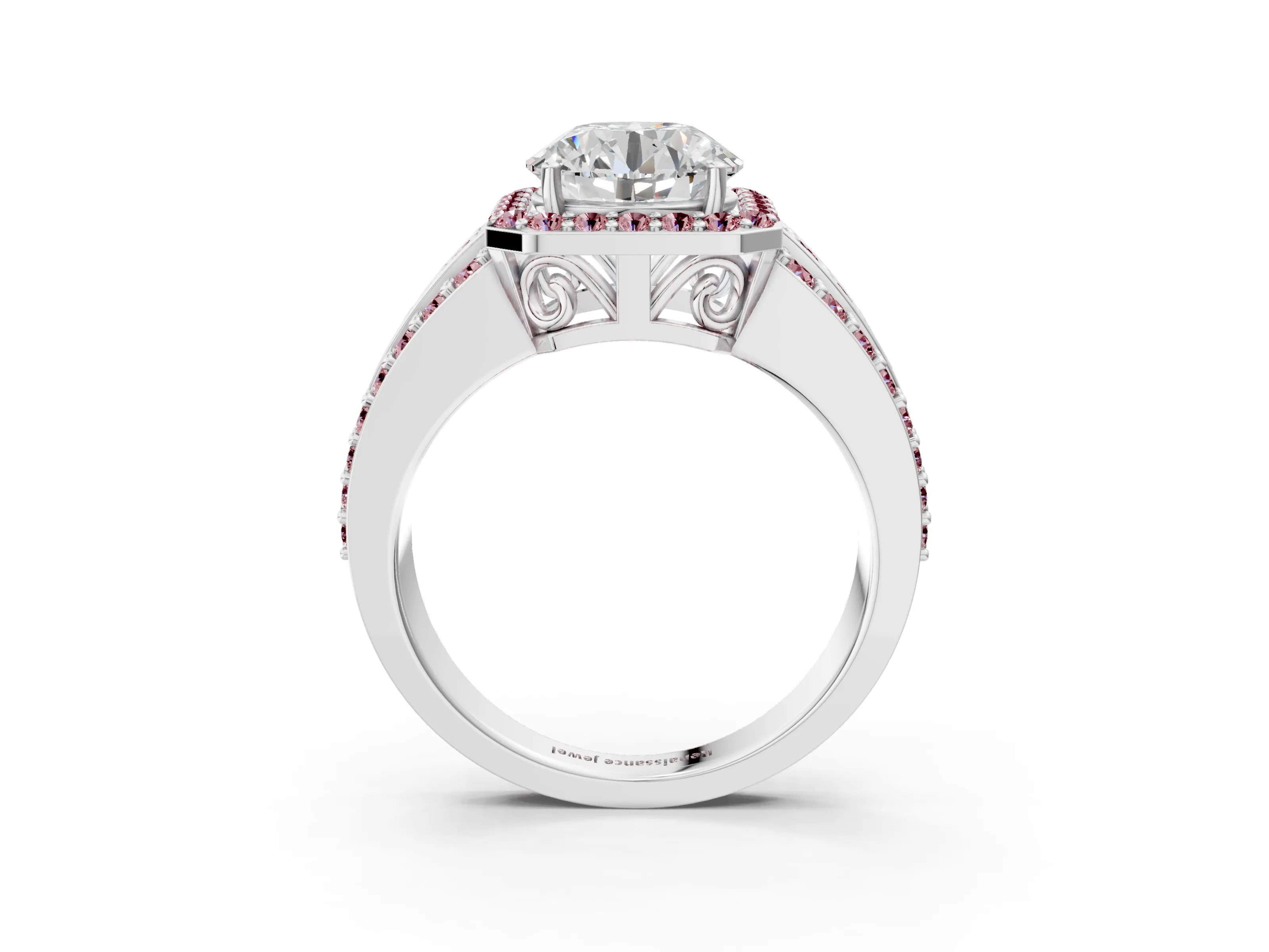 White gold Round Cut Halo Diamond Ring with Round with Morganite side stone Split Shank and Prong Setting_357