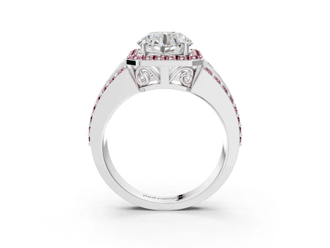 White gold Round Cut Halo Diamond Ring with Round with Morganite side stone Split Shank and Prong Setting_357