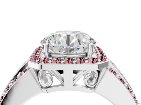 White gold Round Cut Halo Diamond Ring with Round with Morganite side stone Split Shank and Prong Setting_358