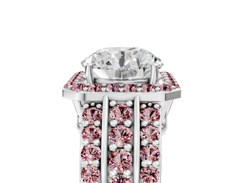 White gold Round Cut Halo Diamond Ring with Round with Morganite side stone Split Shank and Prong Setting_359