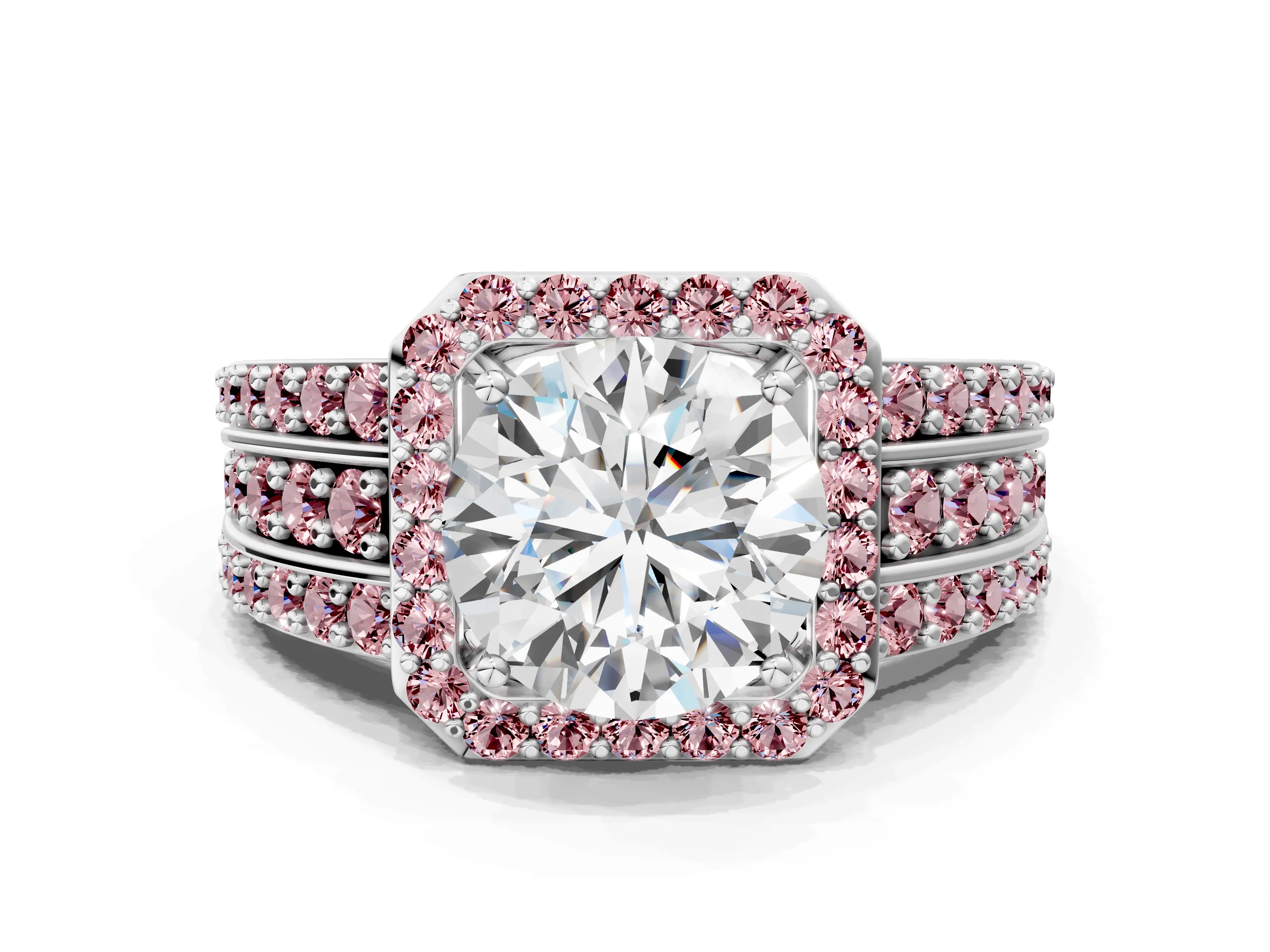 White gold Round Cut Halo Diamond Ring with Round with Morganite side stone Split Shank and Prong Setting_48