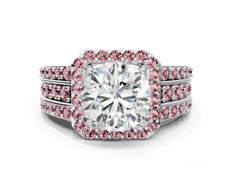 White gold Round Cut Halo Diamond Ring with Round with Morganite side stone Split Shank and Prong Setting_48