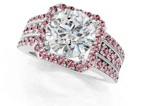 White gold Round Cut Halo Diamond Ring with Round with Morganite side stone Split Shank and Prong Setting_49