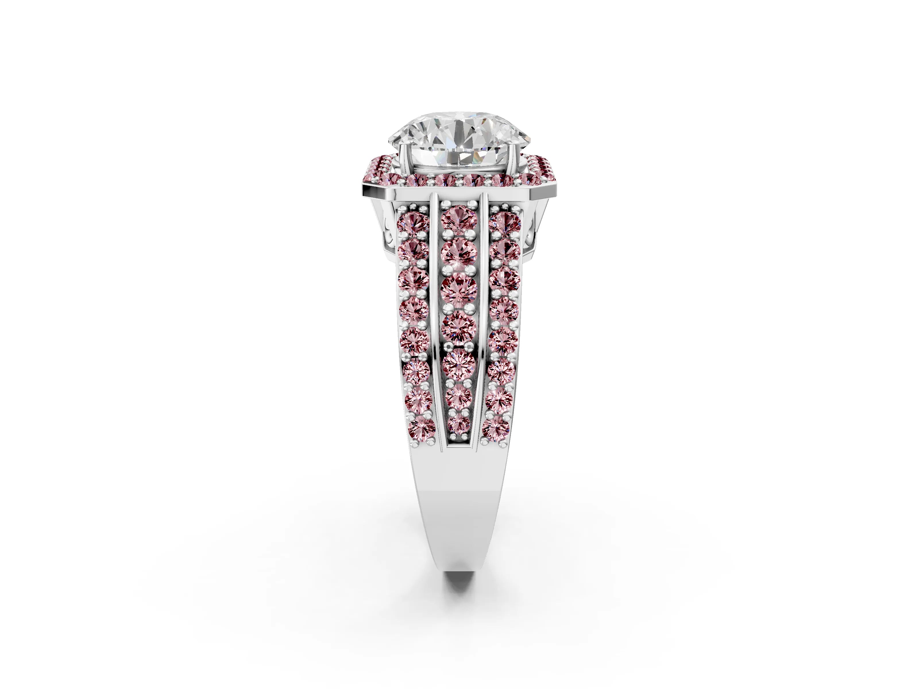 White gold Round Cut Halo Diamond Ring with Round with Morganite side stone Split Shank and Prong Setting_50