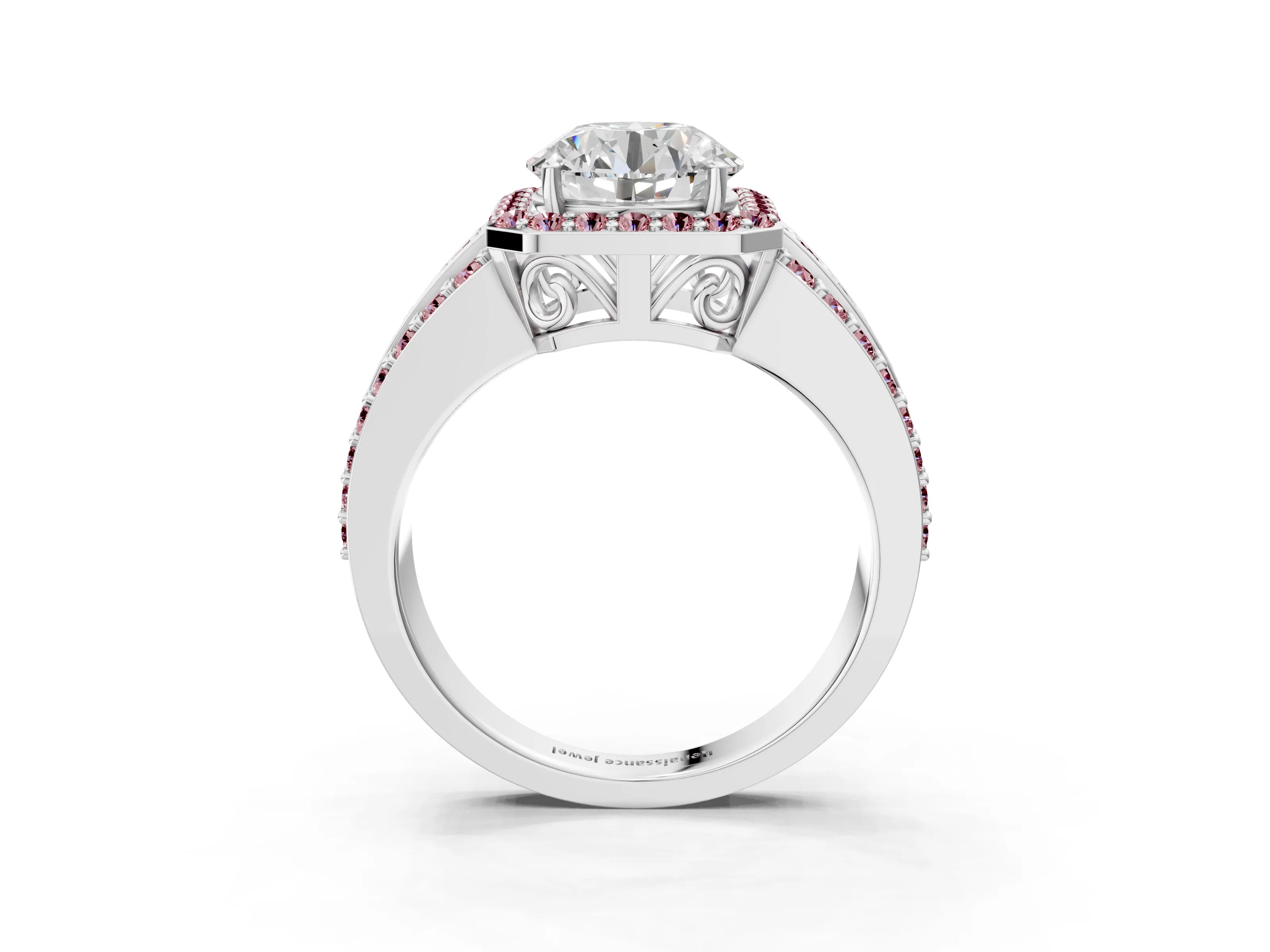 White gold Round Cut Halo Diamond Ring with Round with Morganite side stone Split Shank and Prong Setting_51