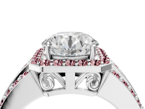 White gold Round Cut Halo Diamond Ring with Round with Morganite side stone Split Shank and Prong Setting_52
