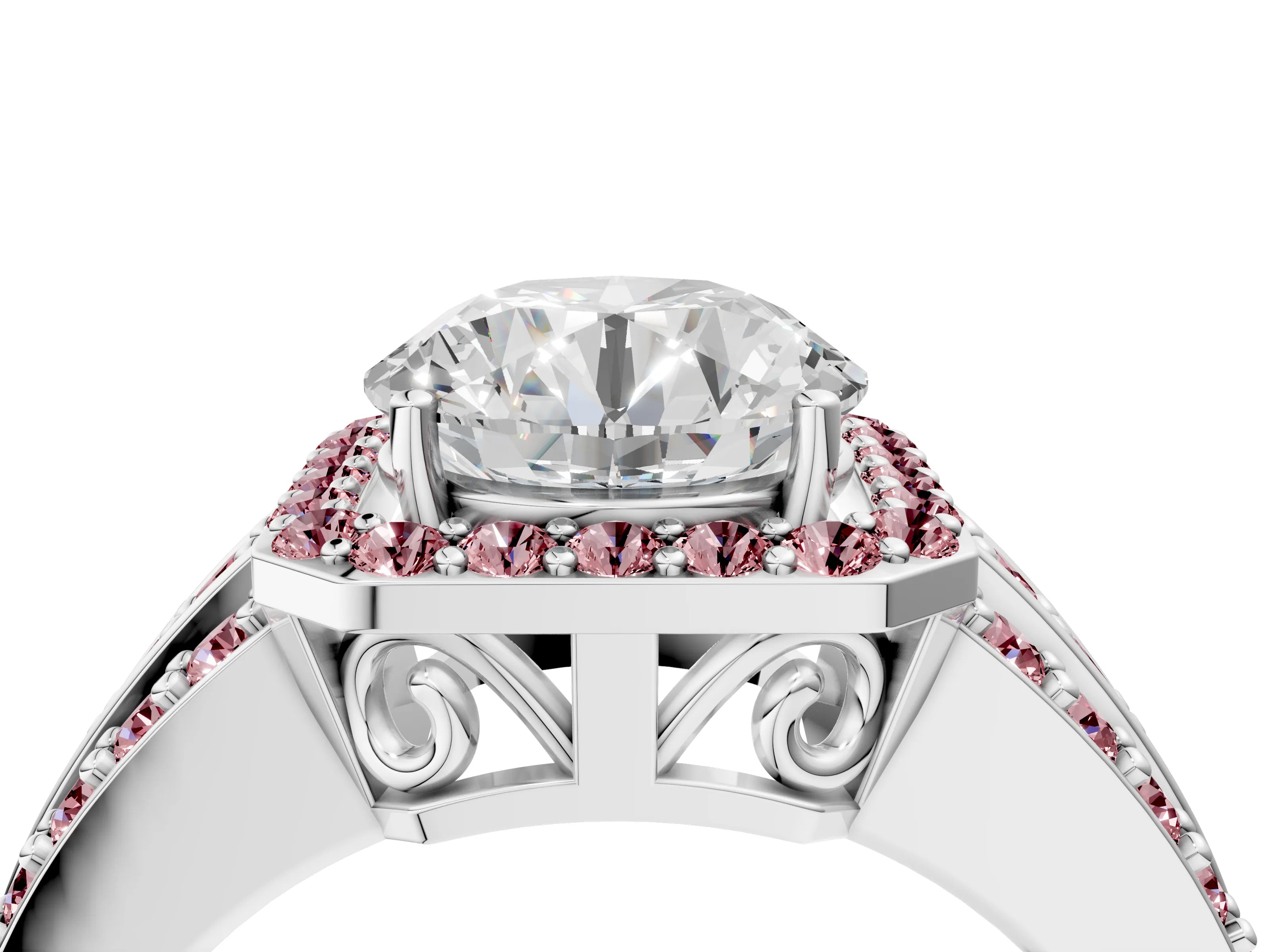 White gold Round Cut Halo Diamond Ring with Round with Morganite side stone Split Shank and Prong Setting_52
