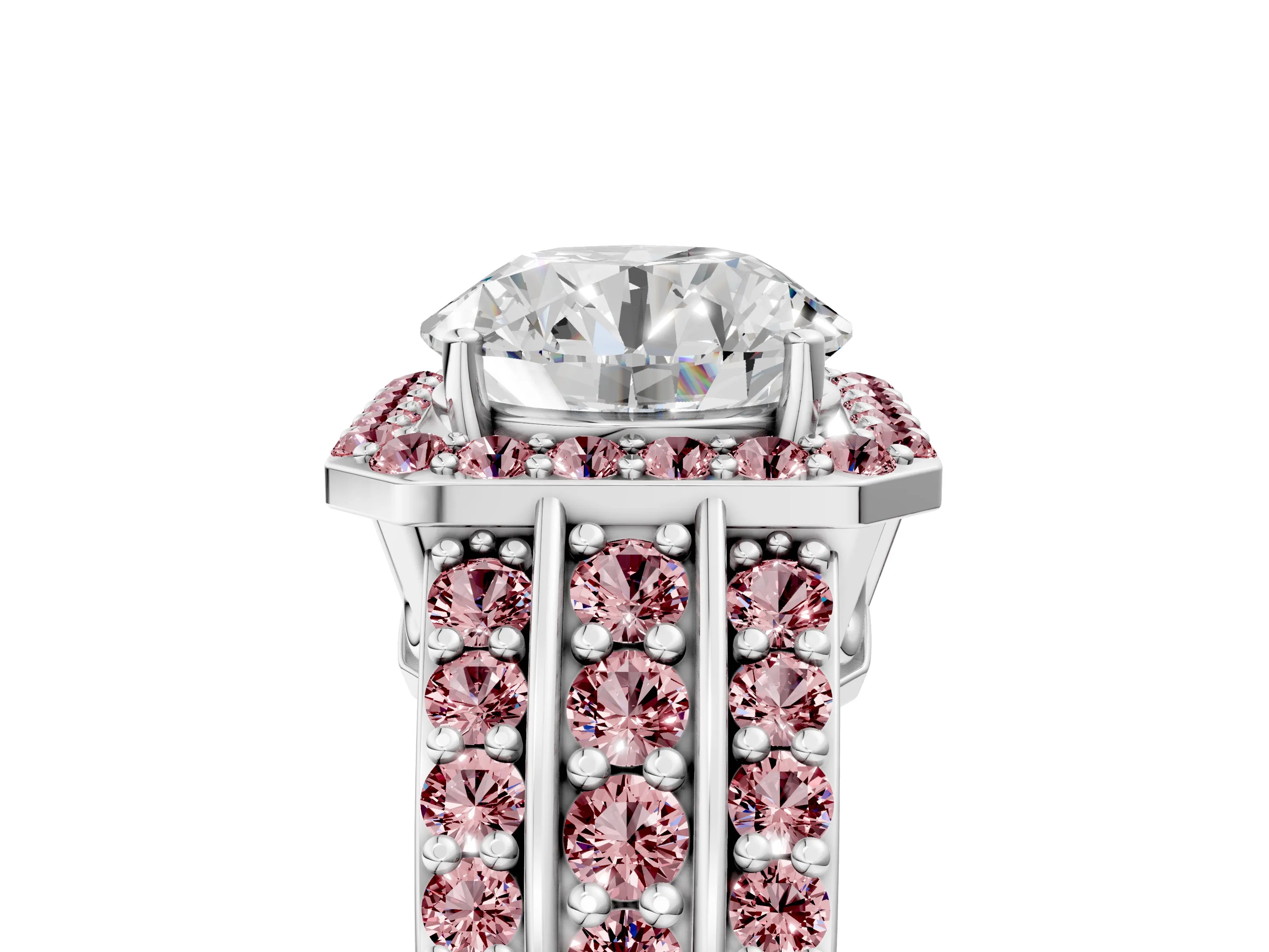 White gold Round Cut Halo Diamond Ring with Round with Morganite side stone Split Shank and Prong Setting_53